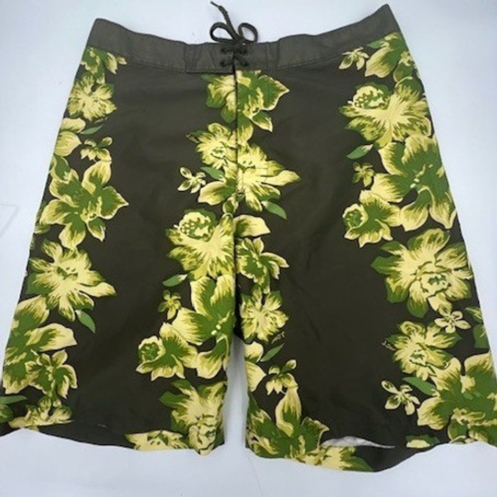 J.Crew Board Shorts Mens 32 Olive Green Tropical Floral Good Lace Up Swim Trunks